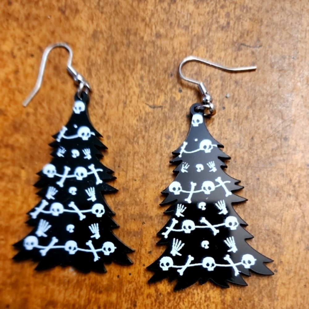 NWT Black Skeleton Christmas Tree Earrings